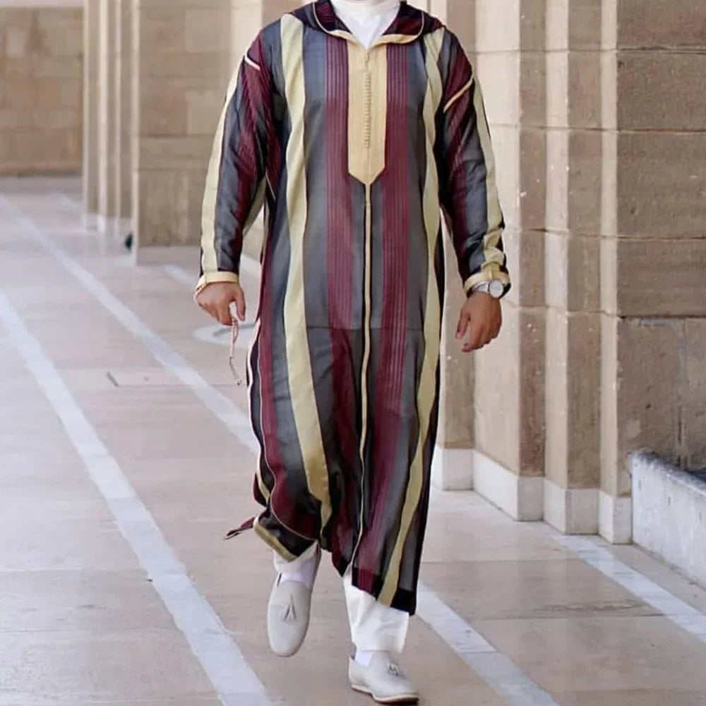 New 2025 Islamic Clothing Men Robe Kaftan Muslim Man Moroccan Casual Long Dress Arabic Striped Robe Middle East National Costume