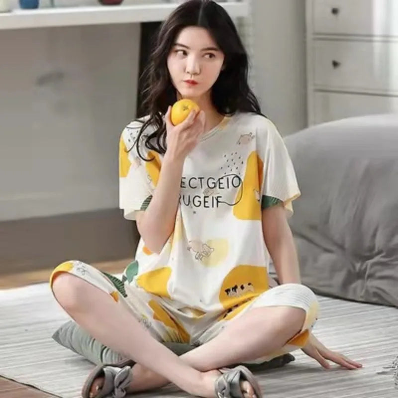 Women Sleepwear Half-Sleeve Seven-Quarter Trousers Student Nightwear Homewear Set Round Neck Cartoon Ladies Pajamas Loungewear