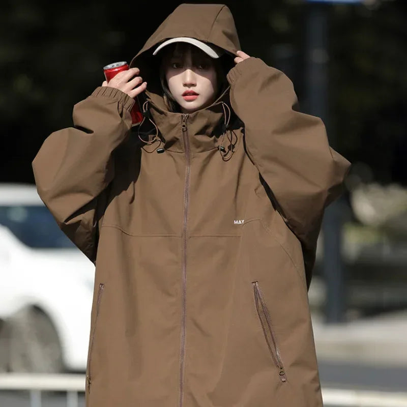 Women's Loose Windproof Zipper Hooded Jacket