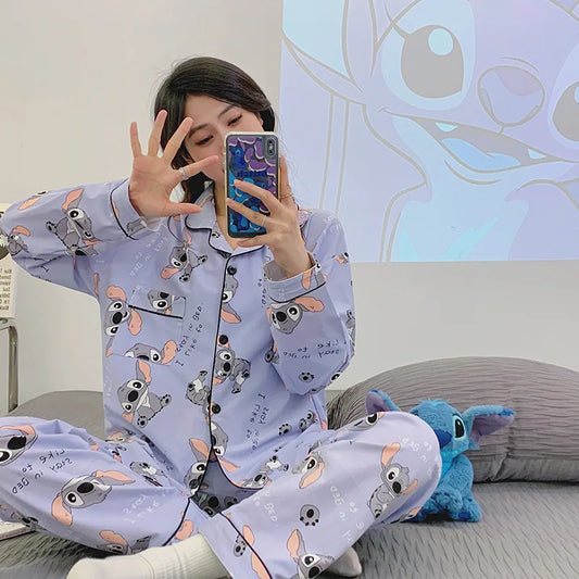 Versatile Casual Cartoon Stitch Sleepwear Women's  Long Sleeved Two-piece Set Pijamas