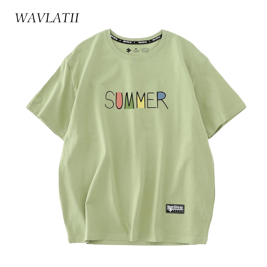 WAVLATII Women New Light Green Summer T Shirts Female 210g/m2 Cotton Fabric Tees Lady White Streetwear Short Sleeve Tops WT2303