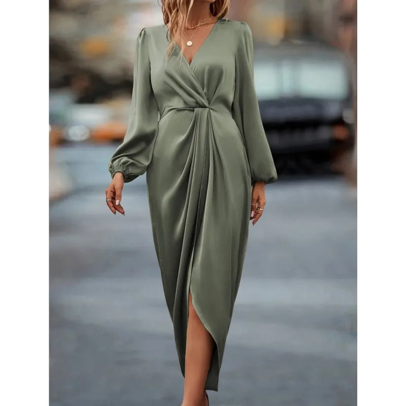Women's Satin Evening Party Maxi Dress Draped Silk V-Neck Long Sleeve Office Lady  Midi Dresses Vestidos Sexy Chic Robes Longue