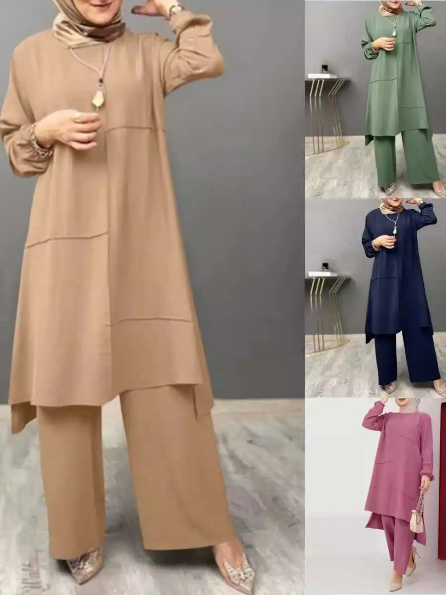 Ethnic Women's Long Dress,Loose Plus Size Dress, Wide Leg Pants Two-piece Set