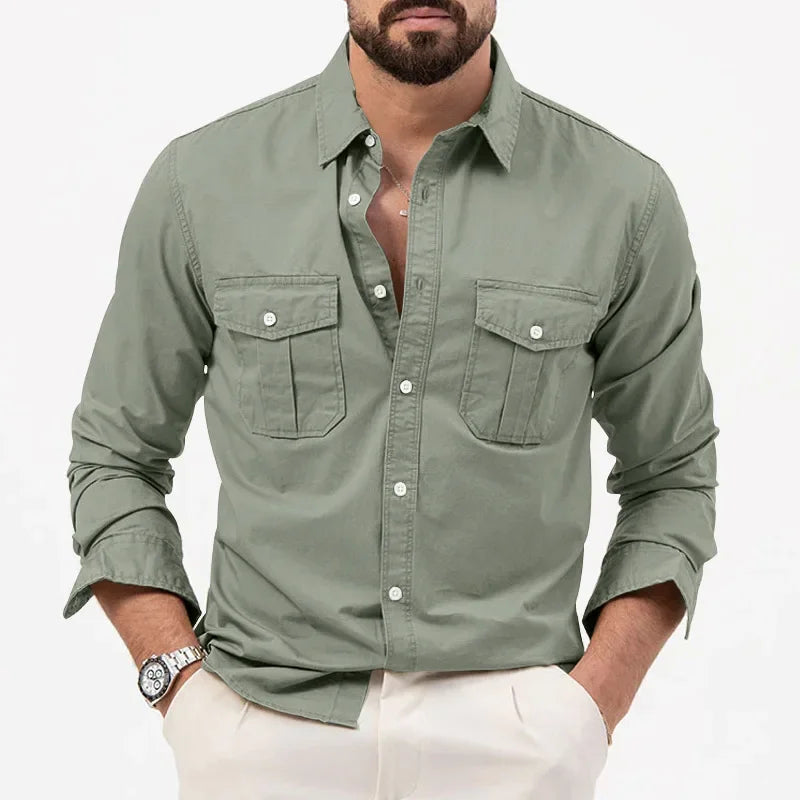 Army Green Tactical Cargo Shirts  Long Sleeve Mens T-Shirt