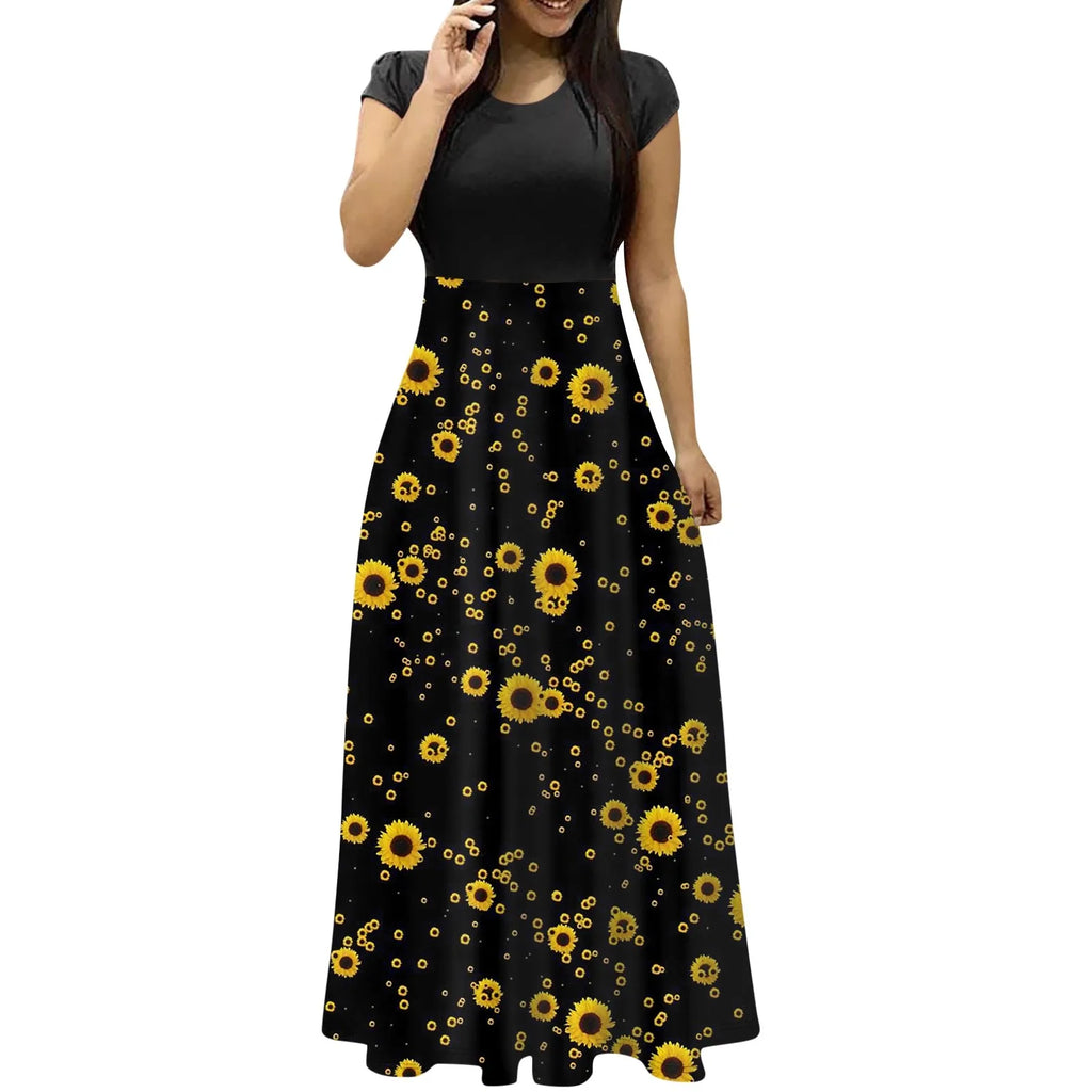 elegant dresses for women Fashion Casual long dresses Print O-Neck Short Sleeves Oversized Maxi Dress Splicing vestidos curtos