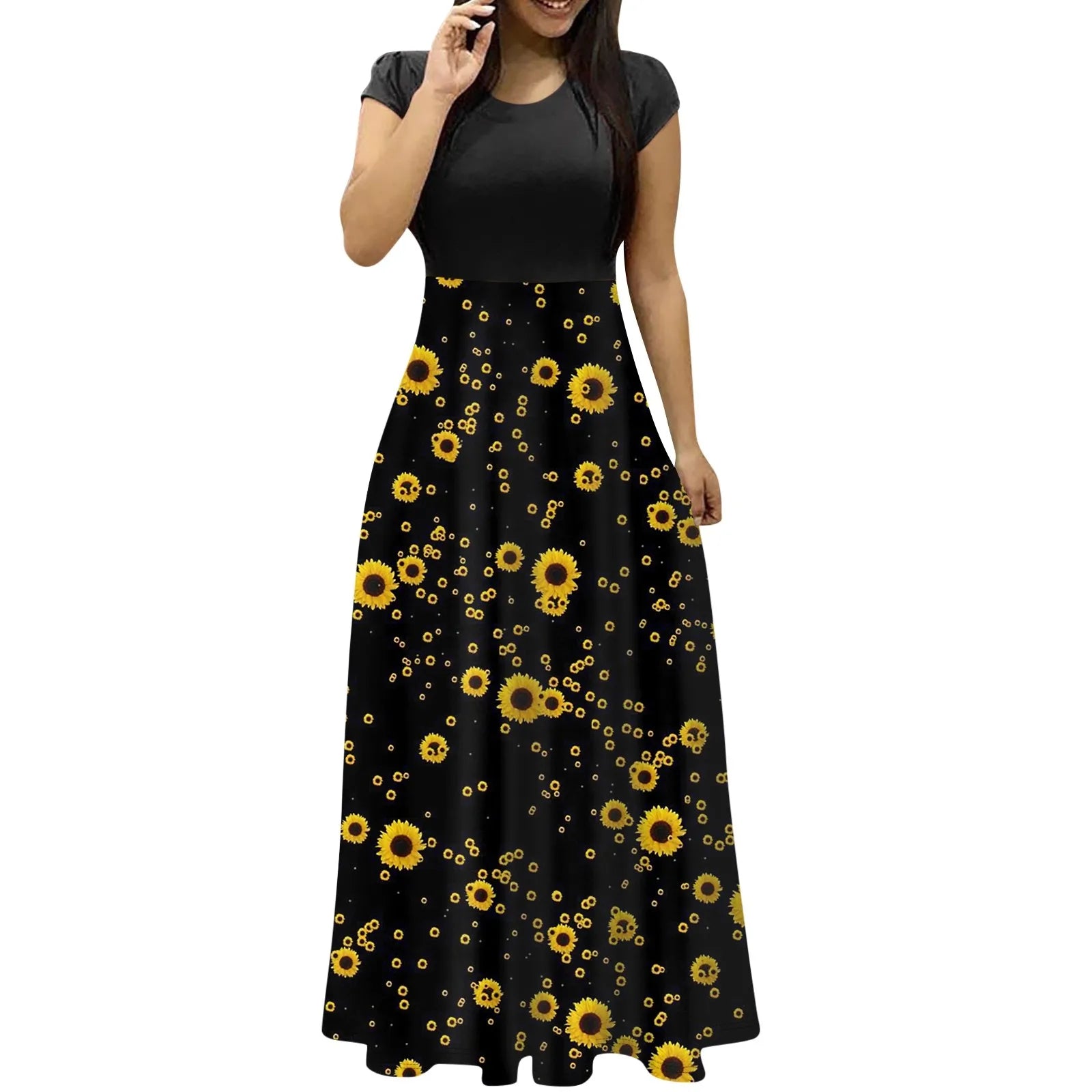elegant dresses for women Fashion Casual long dresses Print O-Neck Short Sleeves Oversized Maxi Dress Splicing vestidos curtos