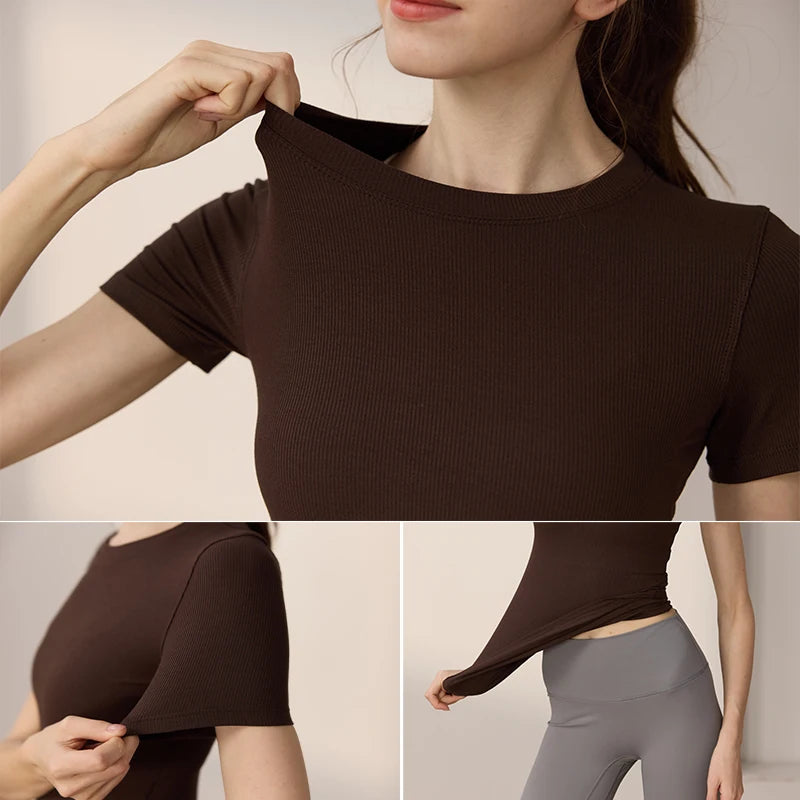 Women Yoga Tops Pilates Aerobic Clothes Tight Short Sleeve Workout Sport Fitness Running Suit Gym T-shirt Slim Sportswear Blouse
