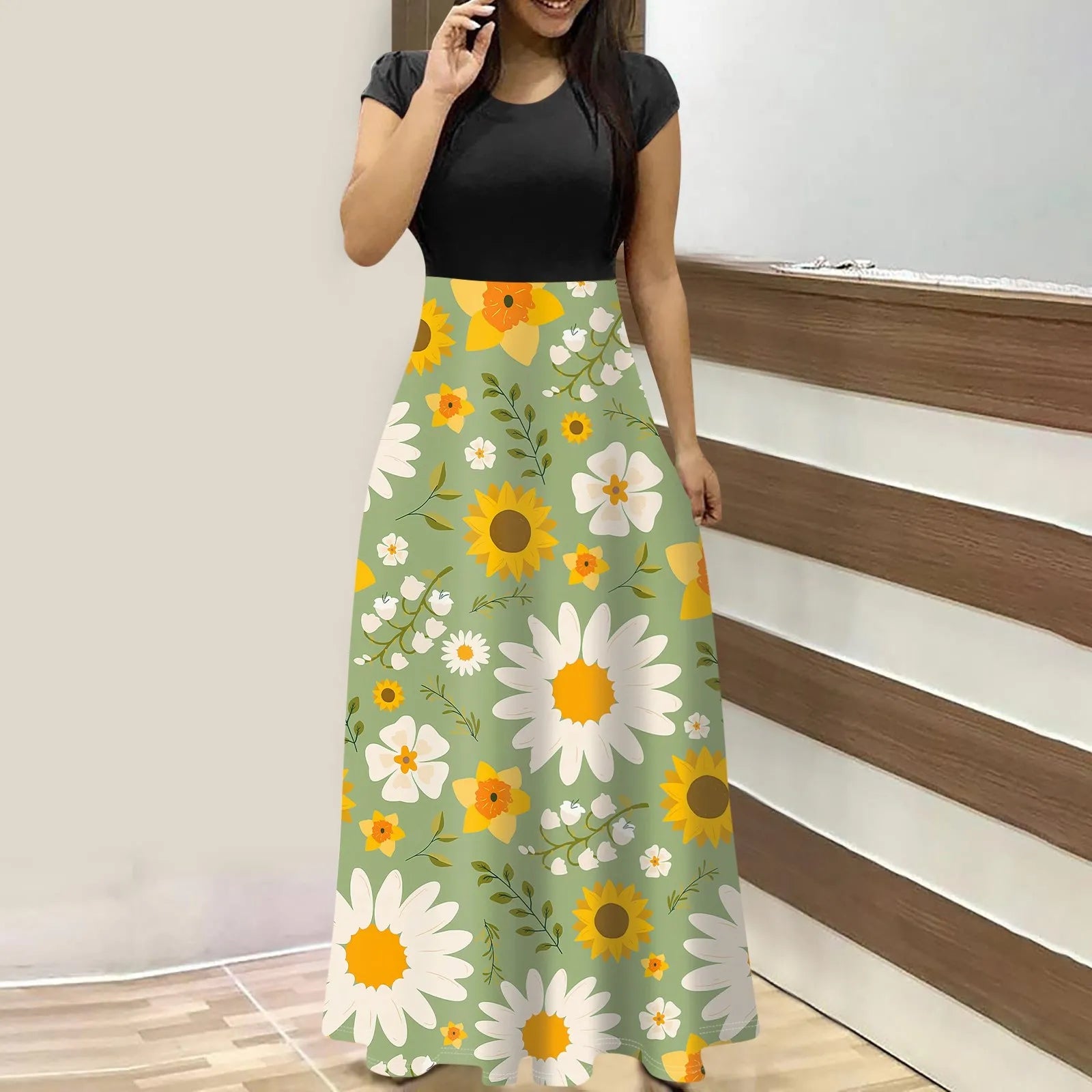 elegant dresses for women Fashion Casual long dresses Print O-Neck Short Sleeves Oversized Maxi Dress Splicing vestidos curtos