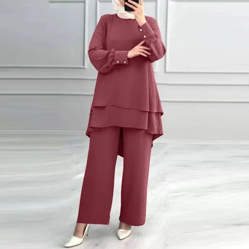 Women 2 Piece Set Blouse Double Top Wide Leg Pants Suit Casual Ensemble  Arab Trousers Outfits