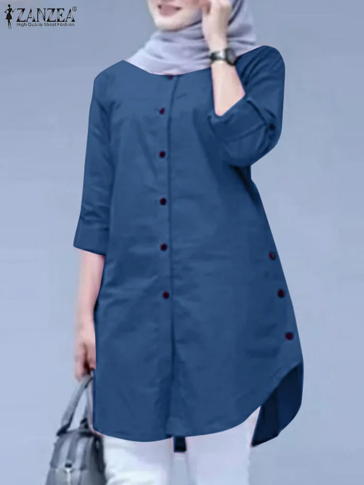 ZANZEA Fashion Abaya  Blouse Woman Casual Holiday Baggy Shirt Long Sleeve O-Neck Tops Elegant