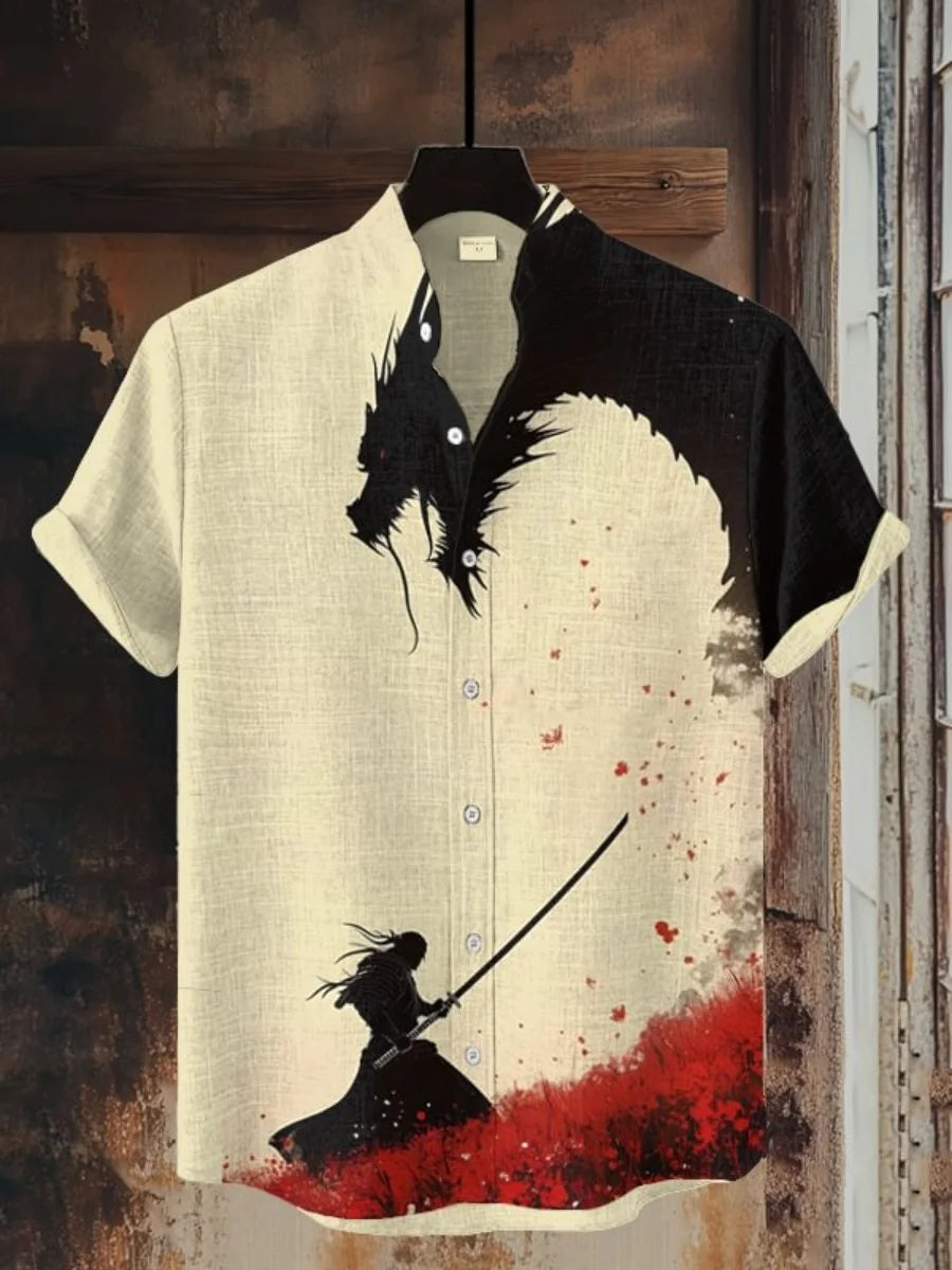 New men's fashionable shirts, 3D art printed Bushido patterns, casual and comfortable shirts, summer short-sleeved shirts