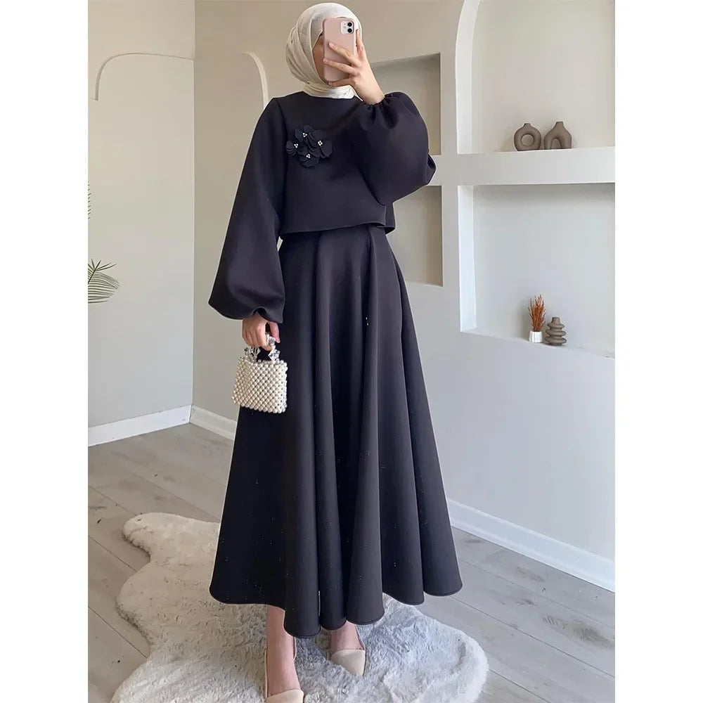 Eid Dubai Fashion Set 2 Piece Women Lantern Sleeve Top Shirt & Skirts Suits Appliques Sets