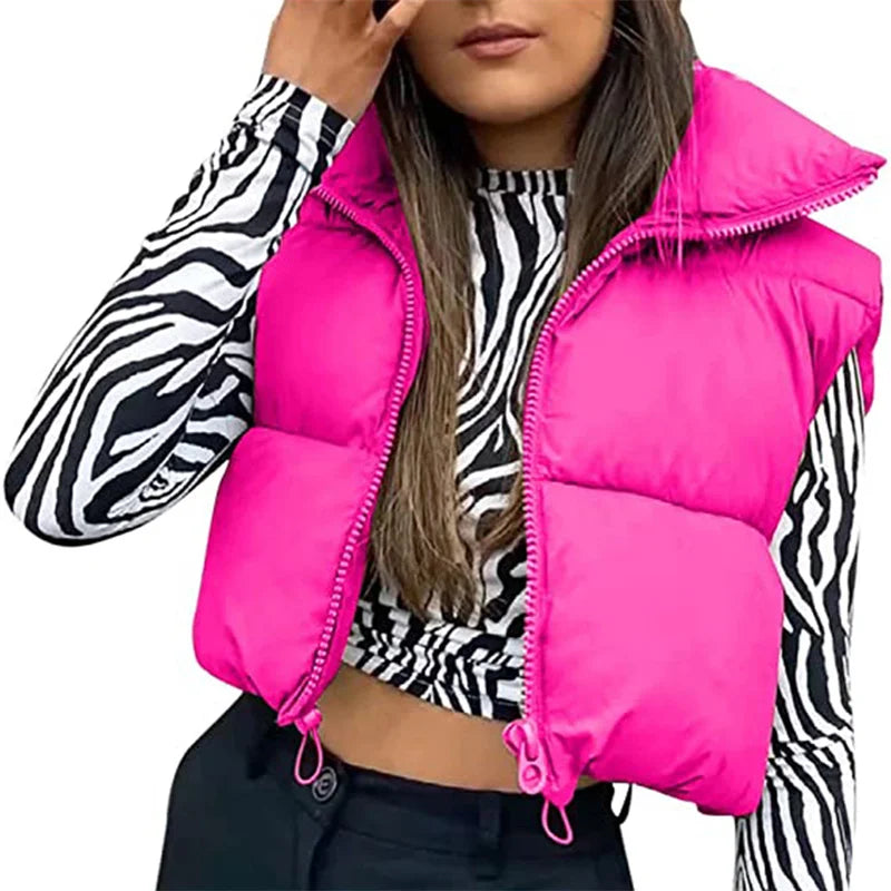 Women Winter Warm Crop Waistcoat Sleeveless Stand Collar Double Sided Lightweight Puffer Vest