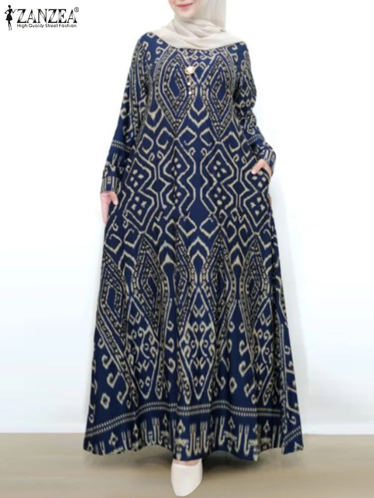 ZANZEA Vintage Printing Maxi Dress Casual Bohemian  Long Sleeve Elegant Women Loose Long Robe