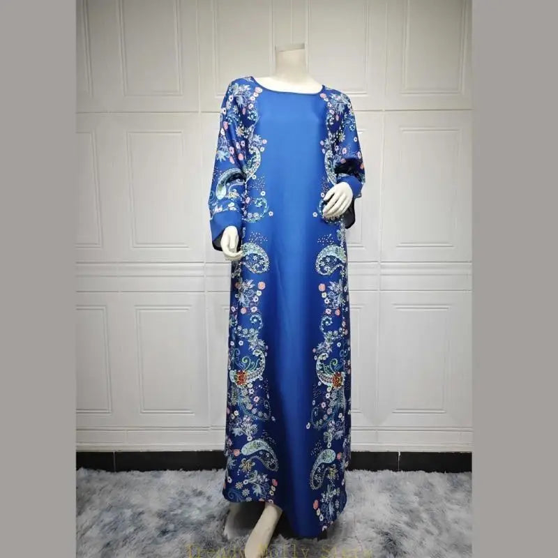 Women Kaftan Dress Full Length Print Rhinestones Pearls Embroidered Dress
