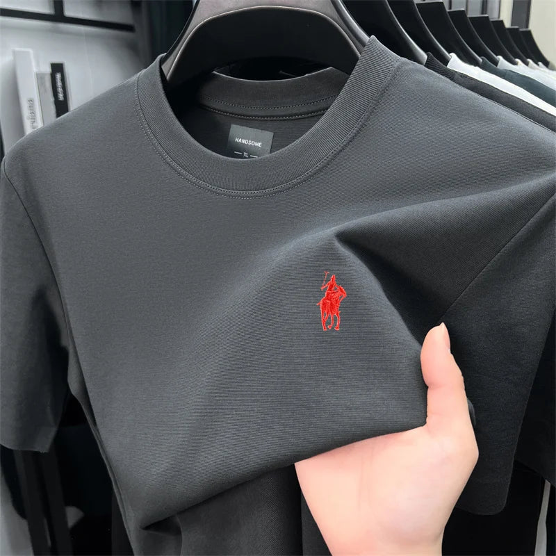 High end short sleeve T-shirt men's fashion brand pony embroidery summer new silk cotton breathable casual round neck Paul top