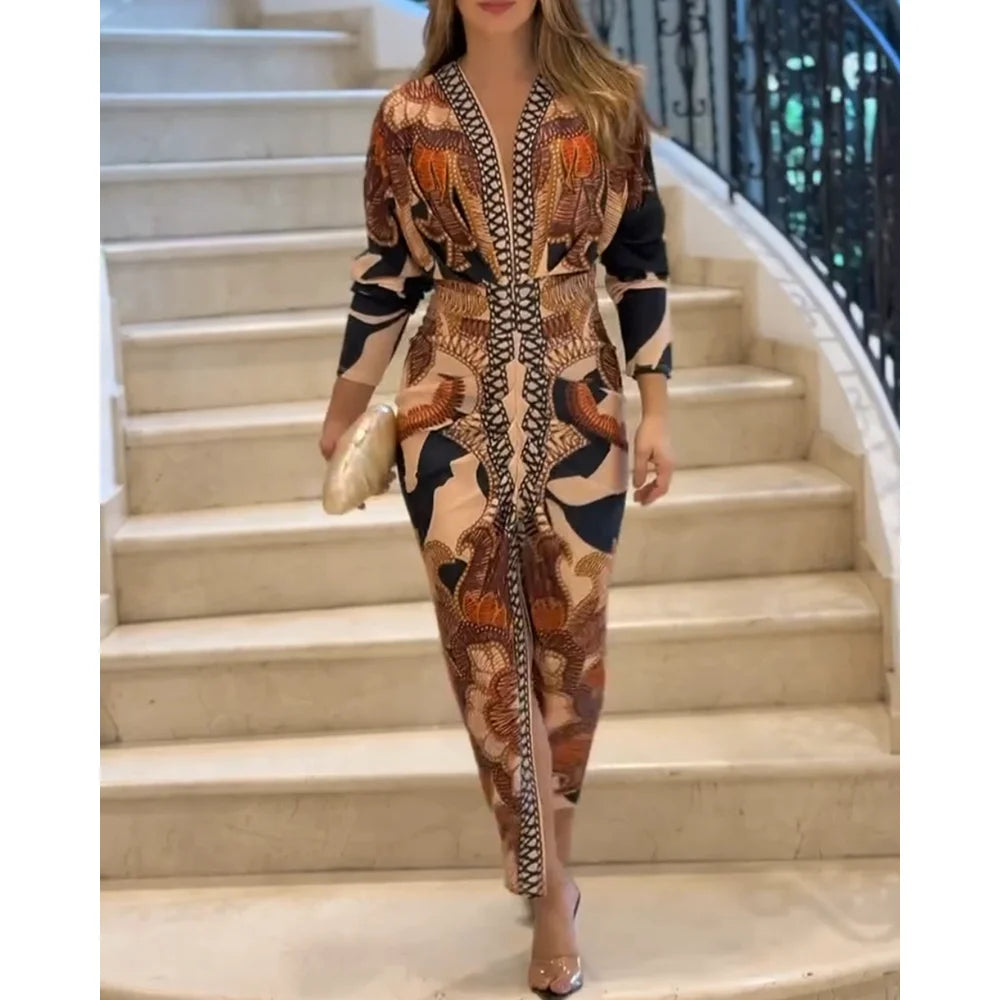 Women Fashion Vintage Baroque Print Long Sleeve Bodycon Dress Casual Plunge V Neck Ruched Slim Fit Midi Dress Party Elegant Wear