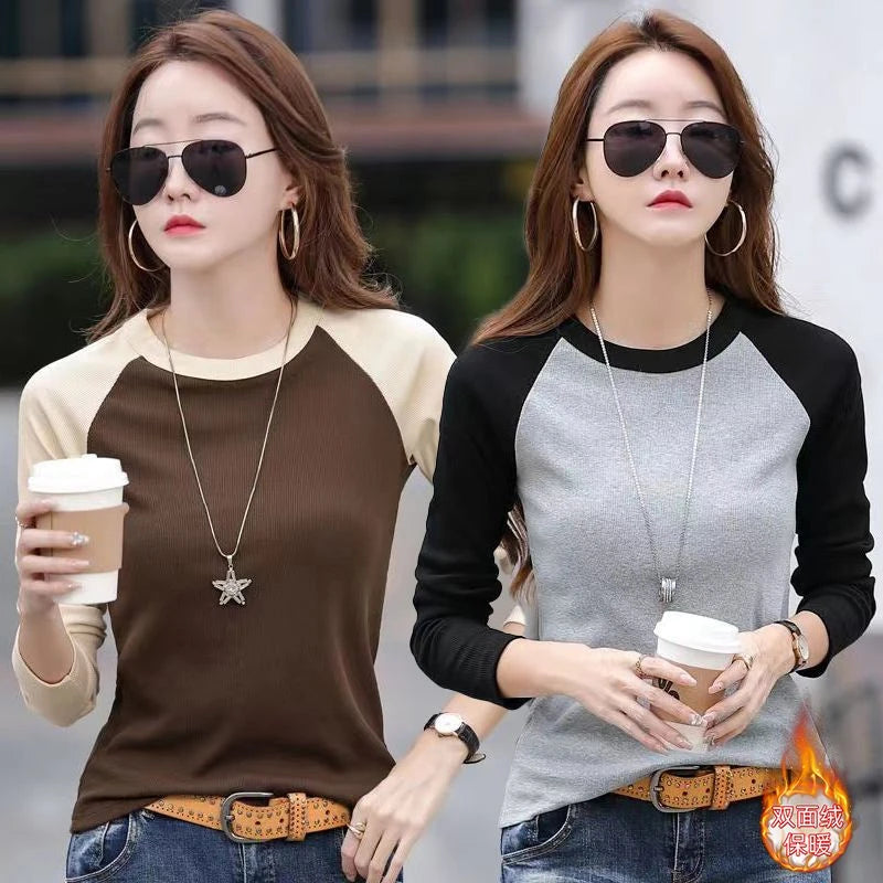 Thermal Winter O Neck Long Sleeve Shirt Women Sexy Cropped Tops Autumn Casual Patchwork Skinny Slim Basic Woman T Shirts Clothin