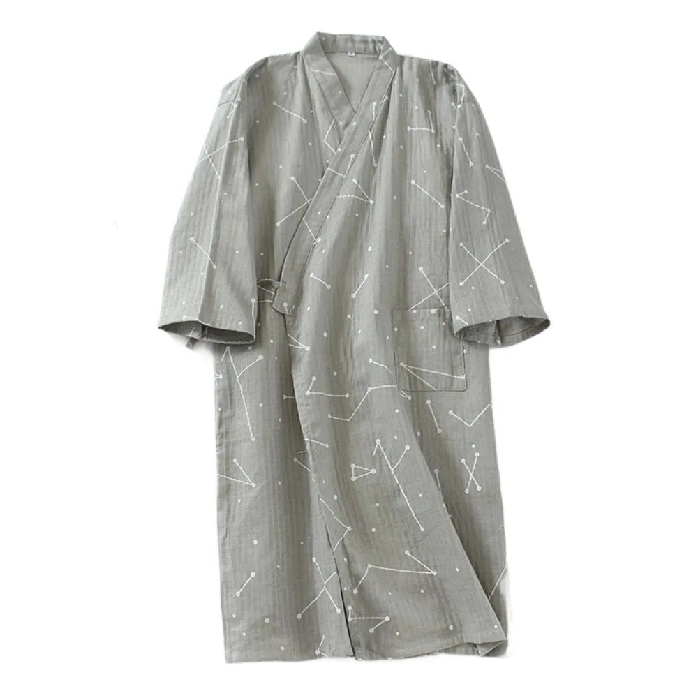 Sleepwear V-Neck Men's Kimono Bathrobe Long Sleeve Thin Japanese-Style Yukata Casual Print Men's Hooded Robe Homewear