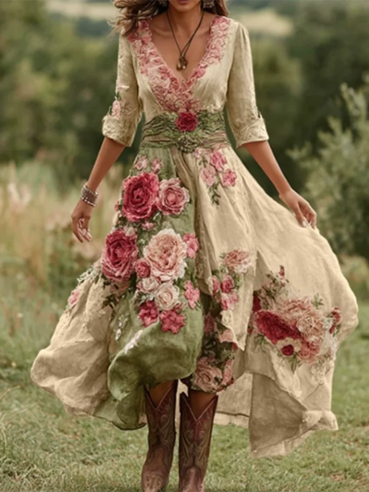 Casual Long Sleeve Party Dresses Elegant Flower Print Waist Big Swing Long Dress Women's Sexy Deep V-neck Draped Bohemian Dress
