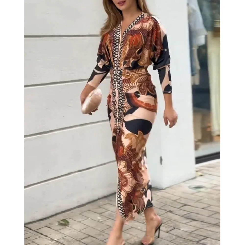 Women Fashion Vintage Baroque Print Long Sleeve Bodycon Dress Casual Plunge V Neck Ruched Slim Fit Midi Dress Party Elegant Wear