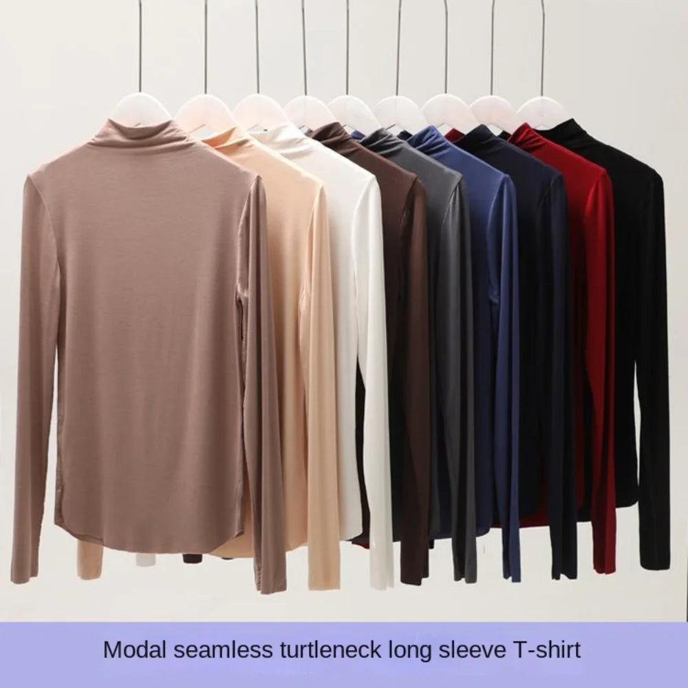 Fall and Winter 2025 New Luxury Clothing Stretch Modal T-Shirt for Women Half-high Collar Slim-fit Solid Color Long Sleeve Top