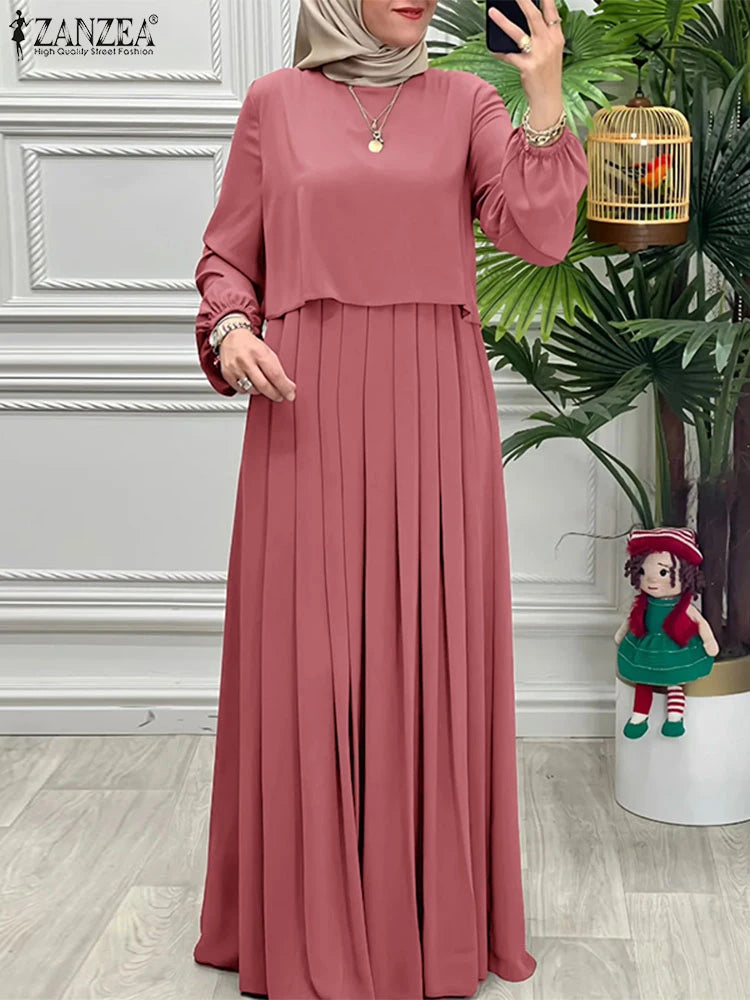 Women Autumn Patchwork Dresses 2025 ZANZEA  Abaya Robe Femme Elegant Long Sleeve Solid Pleated Sundress Clothing