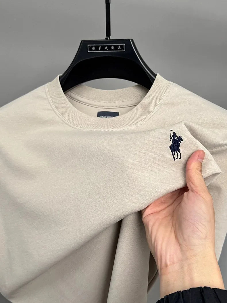 High end short sleeve T-shirt men's fashion brand pony embroidery summer new silk cotton breathable casual round neck Paul top
