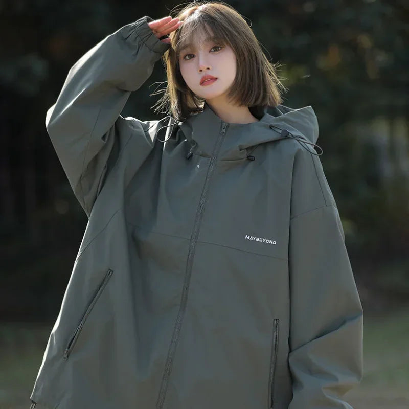 Women's Loose Windproof Zipper Hooded Jacket