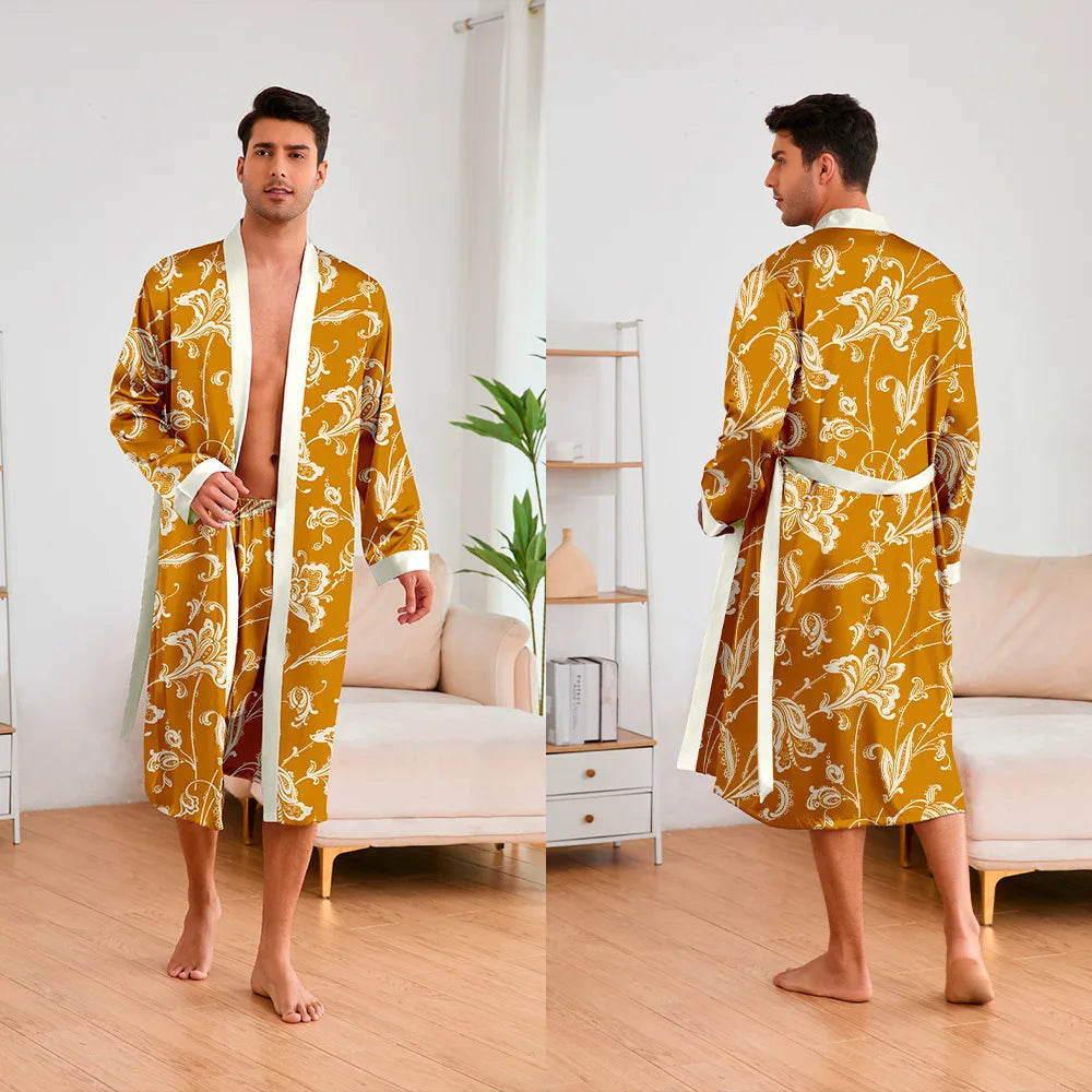 Men 2 Pieces Sleepwear Leopard Bathrobe Set  Homme Long Mens Sleepwear Loungewear Home Dressing Gown