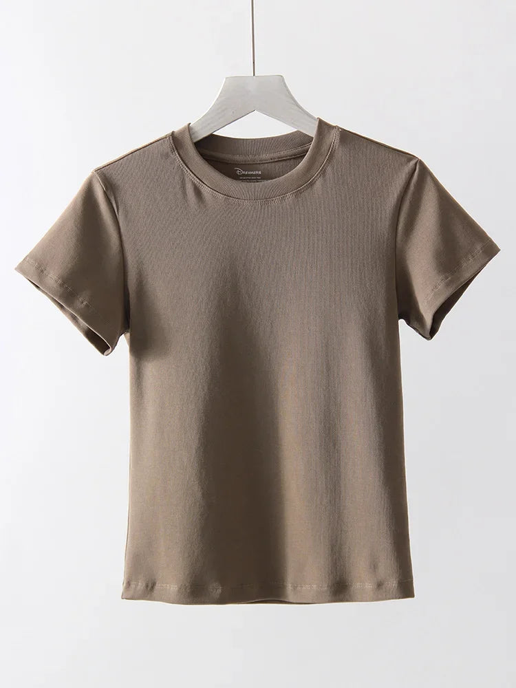 Exquisite Short T Shirts For Women Summer O Neck Slim Cotton Top Tees Streetwear Short Sleeve White Elastic Women's T-shirt Black