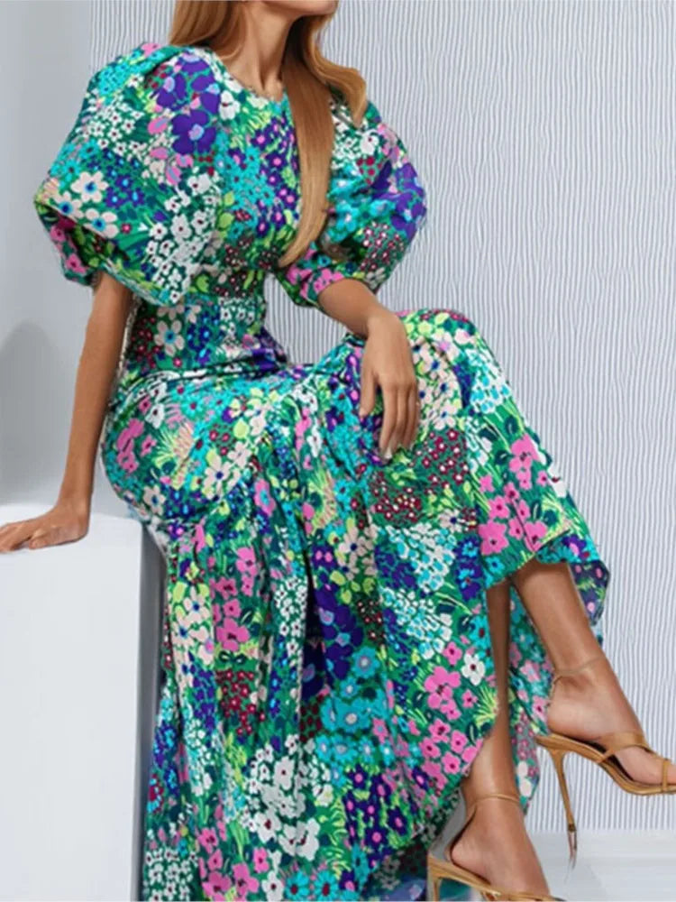Fashion Print Dress For Women Casual O-Neck Puff Sleeve High Waist Dresses Robe Femme Elegant Party Womens Clothing Summer New