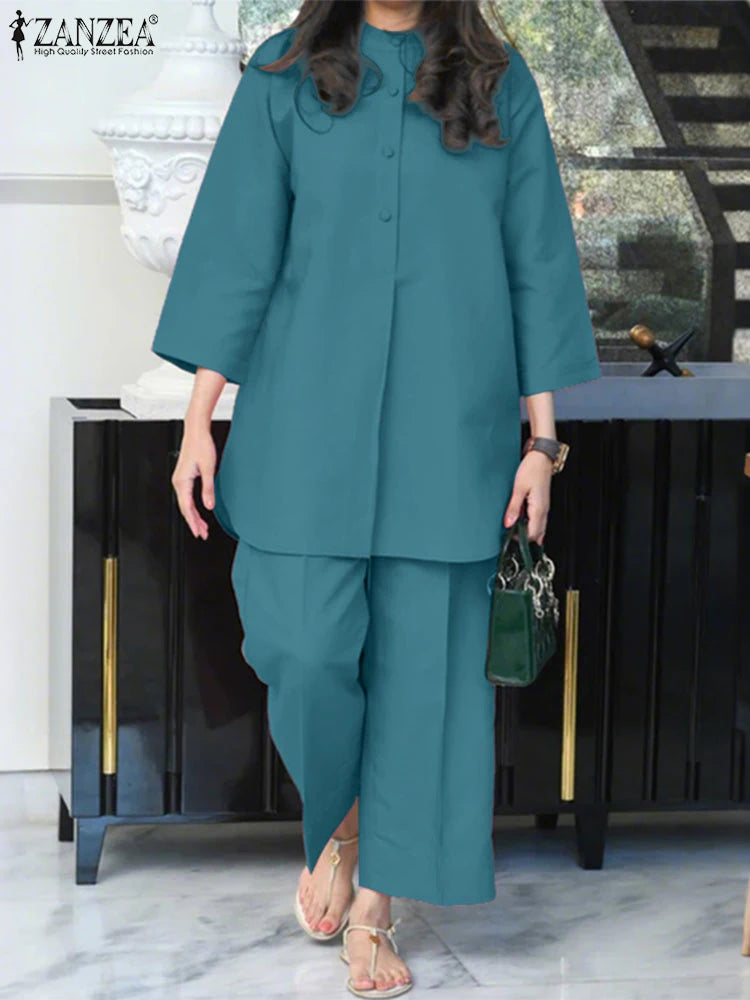 ZANZEA Women 2 Piece Solid Elegant Pant Sets Autumn 2 Piece Outfits Fashion Casual Loose 2PCS 2025 Stylish 3/4 Sleeve Top and Long Pants