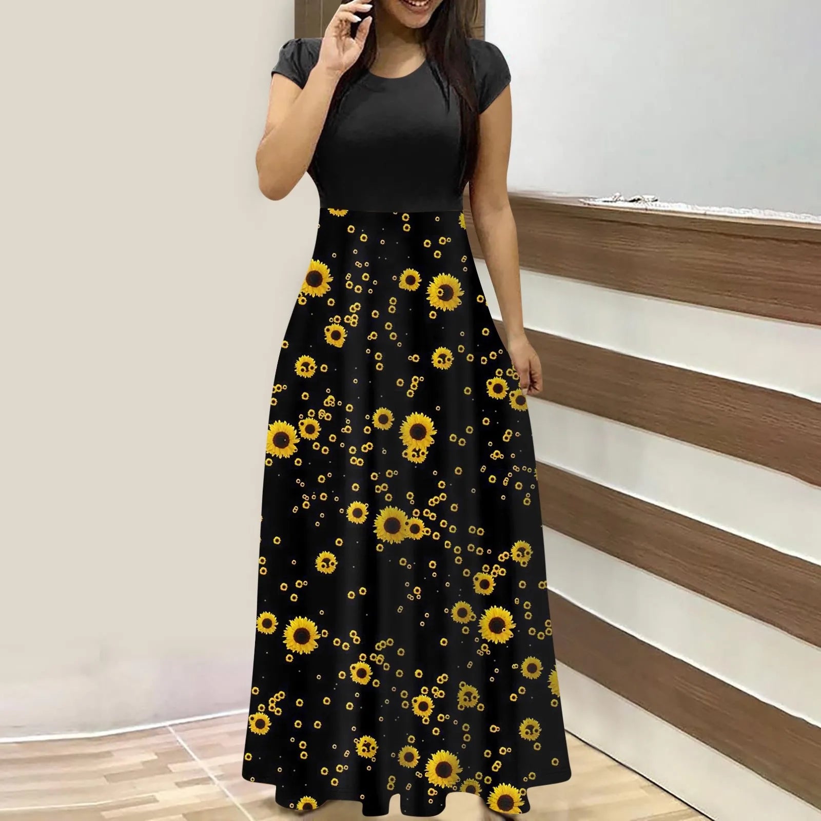 elegant dresses for women Fashion Casual long dresses Print O-Neck Short Sleeves Oversized Maxi Dress Splicing vestidos curtos