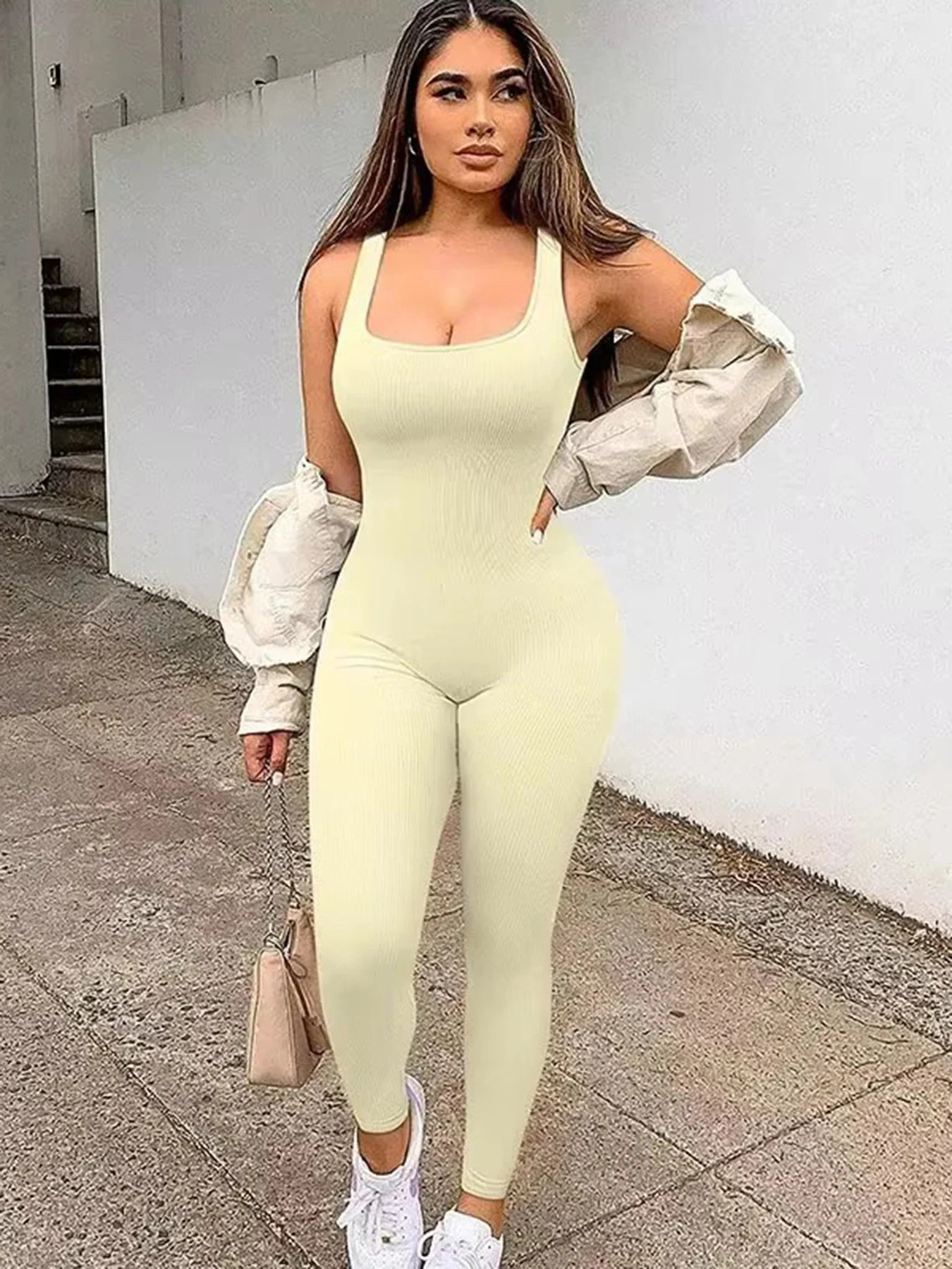 Women's shapewear jumpsuit slim fit square neck sleeveless summer jumpsuit ribbed yoga suit sports outdoor casual clothing