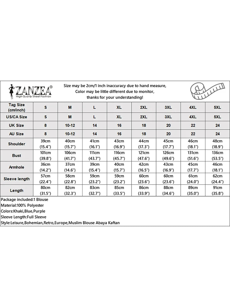 ZANZEA Fashion Abaya  Blouse Woman Casual Holiday Baggy Shirt Long Sleeve O-Neck Tops Elegant