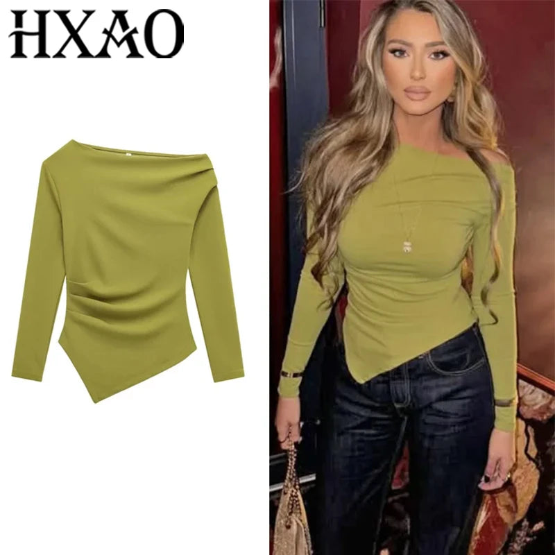 HXAO Women's Elegant Tops 2025 Spring Long Sleeve Pullovers Fashion Casual  White Black Red Green Tops For Female