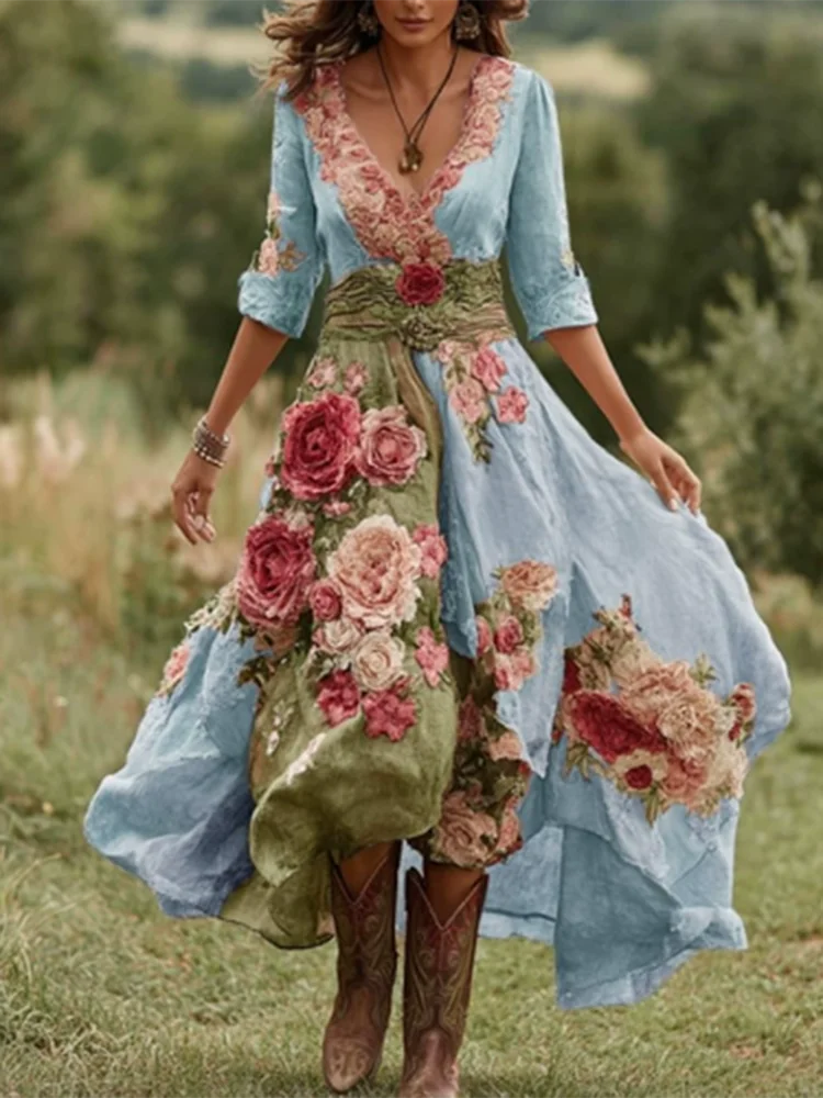 Casual Long Sleeve Party Dresses Elegant Flower Print Waist Big Swing Long Dress Women's Sexy Deep V-neck Draped Bohemian Dress