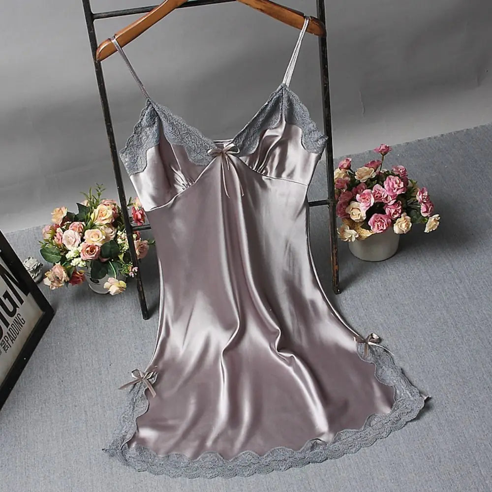 Sexy Lace Patchwork Camisola Lingerie Silk Dress Sleep Wear Nightdress