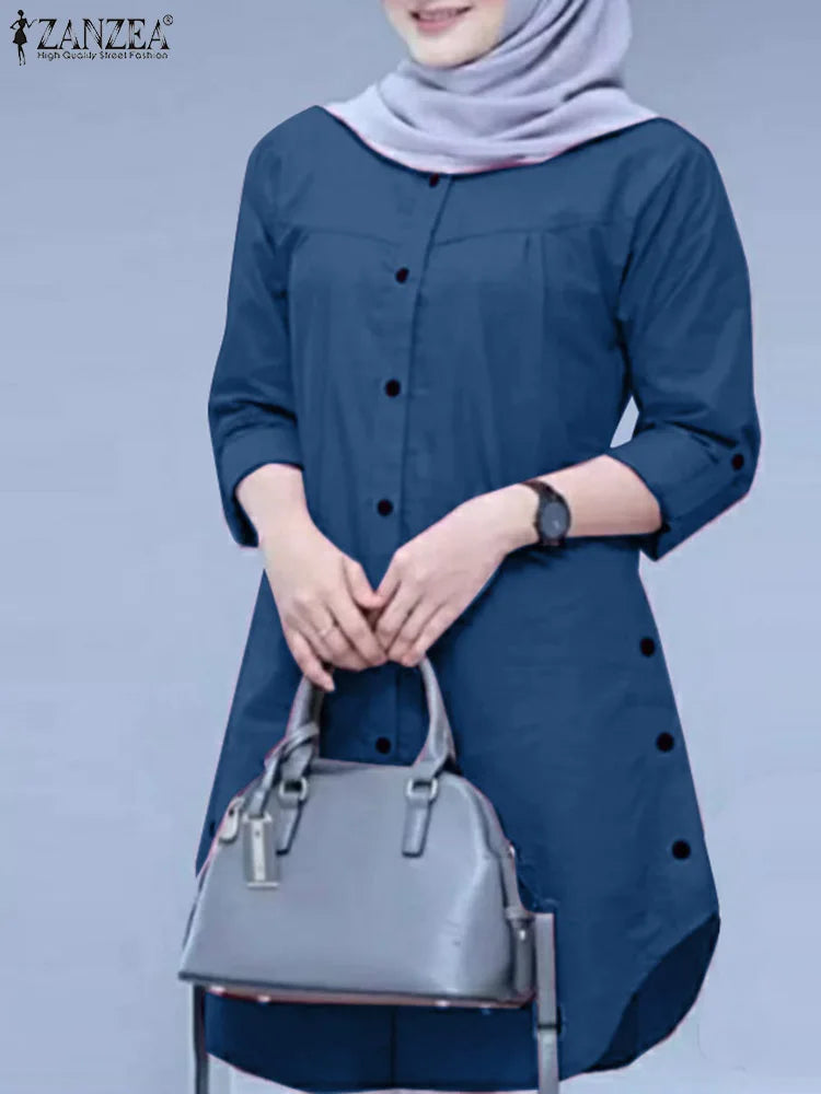 ZANZEA Fashion Abaya  Blouse Woman Casual Holiday Baggy Shirt Long Sleeve O-Neck Tops Elegant
