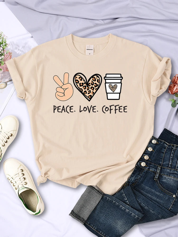 Women's Peace Love Coffee Printed Quality T-Shirts Brand Breathable O-Neck Tshirt For Women