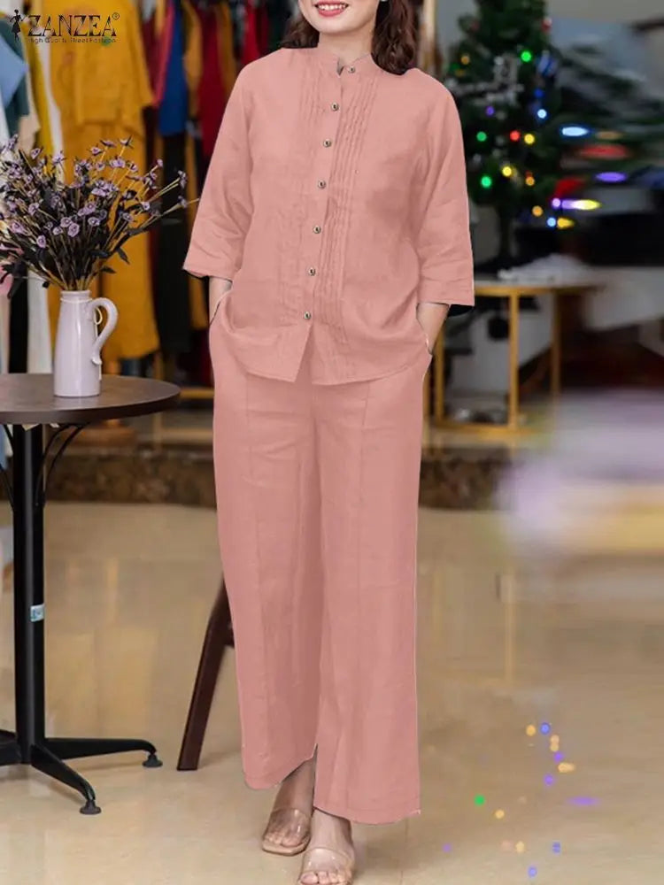 ZANZEA Stylish Autumn 2 Pieces Sets Women Long Sleeve Blouses Pant Sets Casual Solid Loose Tracksuit Female OL Work Outfits 2025