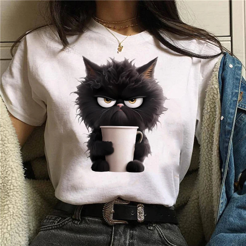 Funny Cat Women Summer White Printed T-shirt Girl Casual Short Sleeve O Neck Top For Summer