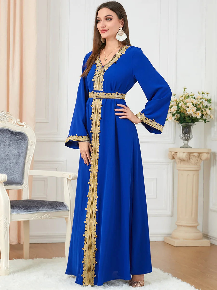 Women's Abaya Clothing Pure Color Splicing Basic Loose Embroidered Long Skirt Long Sleeve Dress