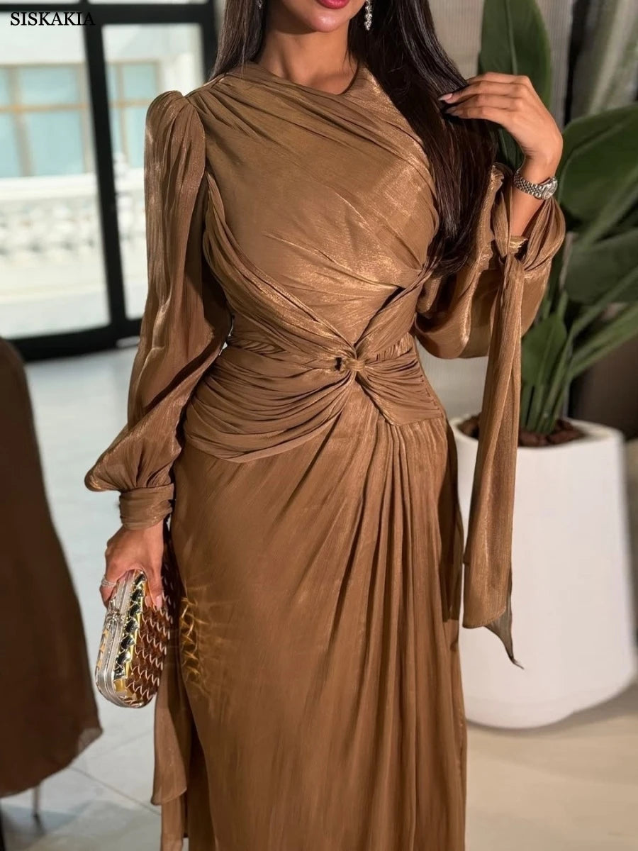 Siskakia  Stylish Arab Tunics Maxi Dress New Dubai Puff Sleeve Abaya Ribbon Kaftan 2025