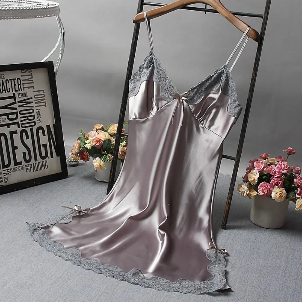 Sexy Lace Patchwork Camisola Lingerie Silk Dress Sleep Wear Nightdress
