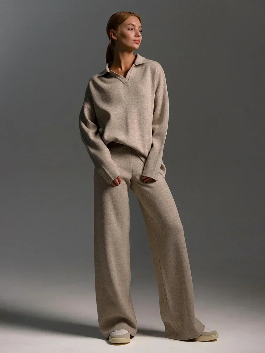 Bornladies Winter Thick Women Knitted Suits Soft 2 Pieces Sets  Polo Neck Sweater & Wide Leg Pants Knitted Outfit