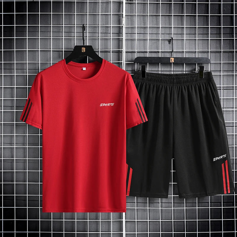 Three bar men's sports suit summer ice silk breathable mesh quick drying clothes quick drying pants outdoor running two-piece se