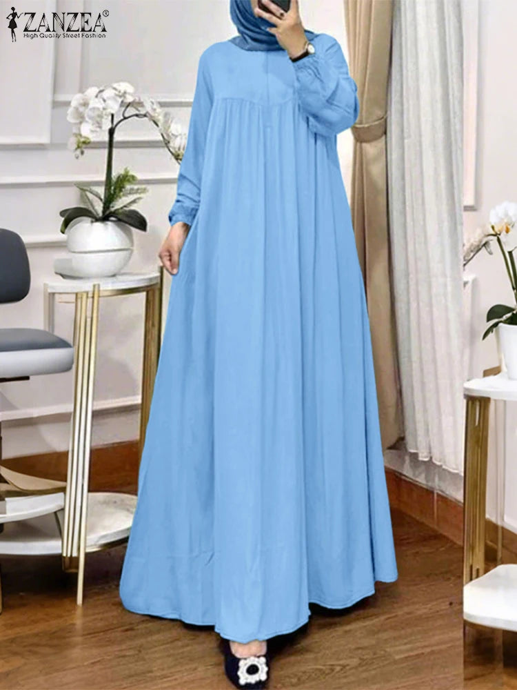 ZANZEA Womens Maxi Dresses Casual Loose Long Sleeve Hijab O-Neck  Abaya Robes