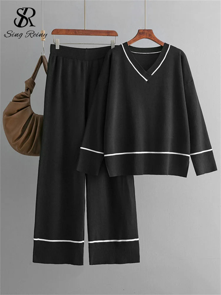 SINGREINY Homewear Knitting Sets Women V-Neck Split Basic Loose Tops+High Waist Wide Legs Pants Casual Autumn Winter 2PC Suits